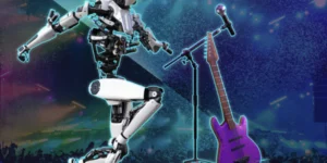 K-pop AI in music performance: humanoid robot performer with microphone and electric guitar on stage, representing the fusion of artificial intelligence and music production in the K-pop industry