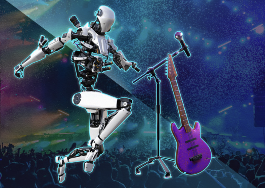 K-pop AI in music performance: humanoid robot performer with microphone and electric guitar on stage, representing the fusion of artificial intelligence and music production in the K-pop industry