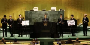 K-pop cultural diplomacy in action: BTS addressing the United Nations General Assembly, exemplifying South Korea's strategic use of popular music artists as diplomatic envoys on the global stage