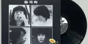 K-pop Deulgukhwa's iconic vinyl album cover featuring black and white portraits of the band members with a yellow chrysanthemum flower, showcasing K-pop rock pioneers' influential legacy in Korean music history