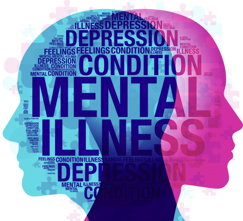 K-pop mental health challenges illustrated in a colorful head silhouette word cloud featuring depression, mental illness, and emotional condition terminology relevant to idol industry pressures.