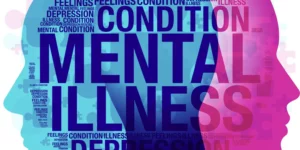 K-pop mental health challenges illustrated in a colorful head silhouette word cloud featuring depression, mental illness, and emotional condition terminology relevant to idol industry pressures.