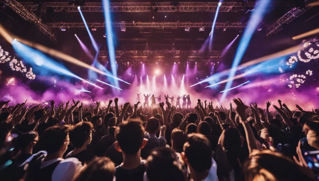 K-pop's expanding influence visible at massive concert with enthusiastic international fans raising hands as performers stand on stage with dramatic lighting and effects