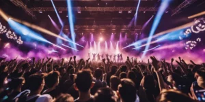 K-pop's expanding influence visible at massive concert with enthusiastic international fans raising hands as performers stand on stage with dramatic lighting and effects