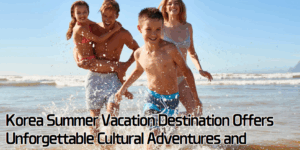 Happy family enjoying Korea summer vacation destination at pristine beach with crystal clear waters and golden sand under blue sky