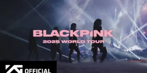 BLACKPINK world tour comeback official promotional image featuring four members performing on stadium stage for 2025 Deadline World Tour
