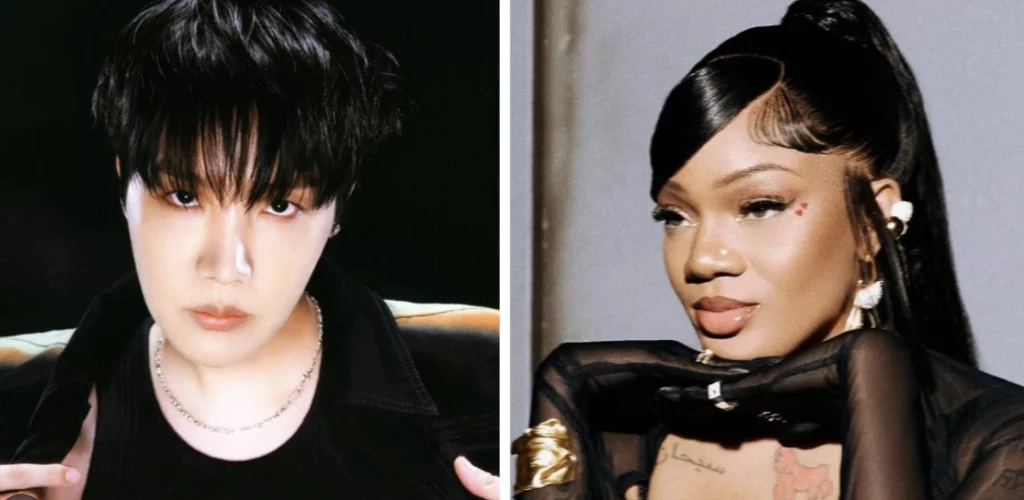 J-Hope and GloRilla Killin It Girl collaboration portrait, BTS member and Memphis rapper joint music video still, Korean K-pop artist American hip-hop collaboration shot, Cross-cultural music partnership promotional image, J-Hope dark aesthetic meets GloRilla glamour styling, International hip-hop collaboration dual artist portrait, K-pop and American rap fusion music video frame