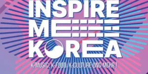 Korean Wave Festival Austria official poster for Inspire Me Korea 2025 at Danube Island featuring dynamic pink gradient design with K-pop artists lineup including Song So-hee, Kai, W24 from June 20-22