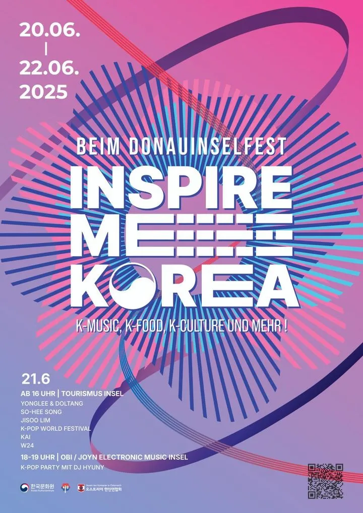 Korean Wave Festival Austria official poster for Inspire Me Korea 2025 at Danube Island featuring dynamic pink gradient design with K-pop artists lineup including Song So-hee, Kai, W24 from June 20-22