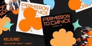 TS live album Permission to Dance On Stage Live official cover art featuring colorful geometric designs and group photos, releasing July 18 2025