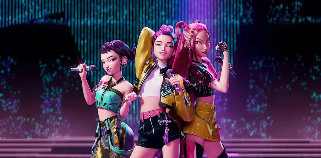 K-Pop Demon Hunters OST Huntrix virtual girl group performing on stage with colorful neon lighting and microphones