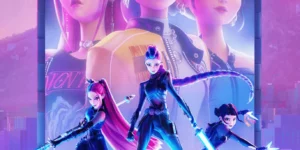KPop Demon Hunters animated movie poster featuring Huntrix girl group members in dual personas as K-pop idols and supernatural warriors with glowing weapons