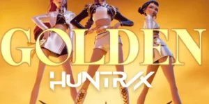 Golden K-pop Demon Hunters cover songs Huntrix group animated characters performing with golden background and GOLDEN text overlay