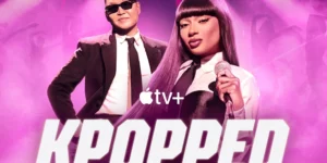 KPOPPED Apple TV series featuring PSY and Megan Thee Stallion in promotional poster with purple lighting and Apple TV+ logo