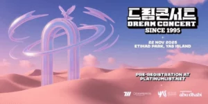 Abu Dhabi Dream Concert 2025 official promotional poster featuring futuristic desert landscape with purple and pink gradient sky, stylized musical note structure, and event details for November 22 at Etihad Park Yas Island with pre-registration information at platinumlist.net