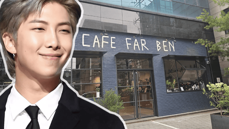 BTS RM sister Cafe Far Ben Seoul exterior storefront with modern blue brick facade and large windows showcasing K-pop idol family owned cafe interior