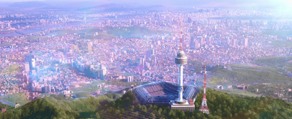 Aerial panoramic view of Seoul cityscape featuring N Seoul Tower and sprawling urban landscape that attracts K-pop Demon Hunters tourism visitors seeking authentic Korean cultural experiences in modern metropolitan setting