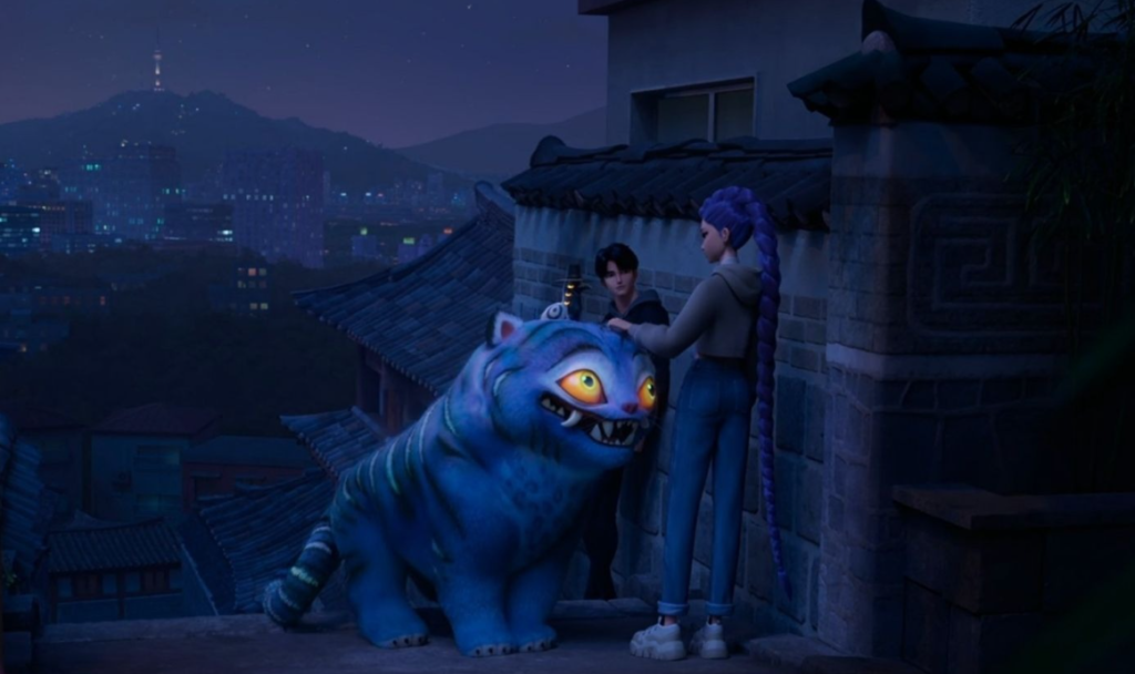 K-pop Demon Hunters Netflix animation scene showing characters in traditional Korean hanok village setting with blue demon creature that inspires K-pop Demon Hunters tourism visitors to explore authentic Korean cultural heritage sites