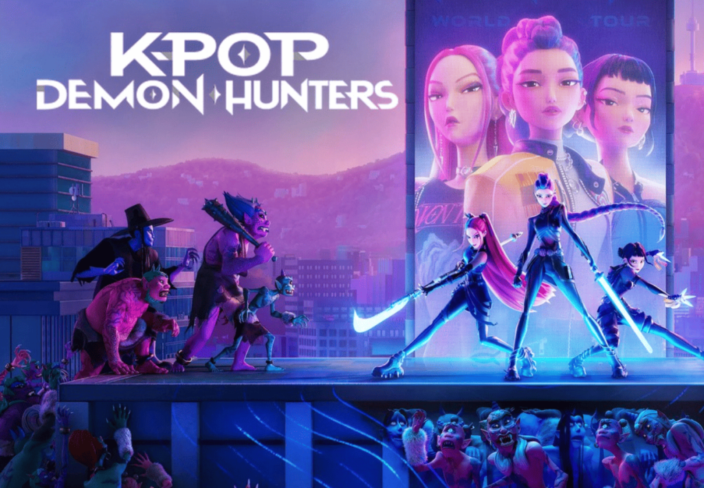 K-pop Demon Hunters tourism promotional artwork featuring animated Korean pop idol characters battling demons while showcasing traditional Korean cultural elements and modern Seoul cityscape background for Netflix anime series