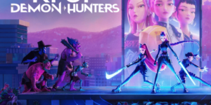 K-pop Demon Hunters tourism promotional artwork featuring animated Korean pop idol characters battling demons while showcasing traditional Korean cultural elements and modern Seoul cityscape background for Netflix anime series