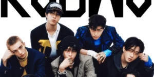Stray Kids Billboard 200 number one album KARMA featuring all eight members in stylish outfits against bold typography background