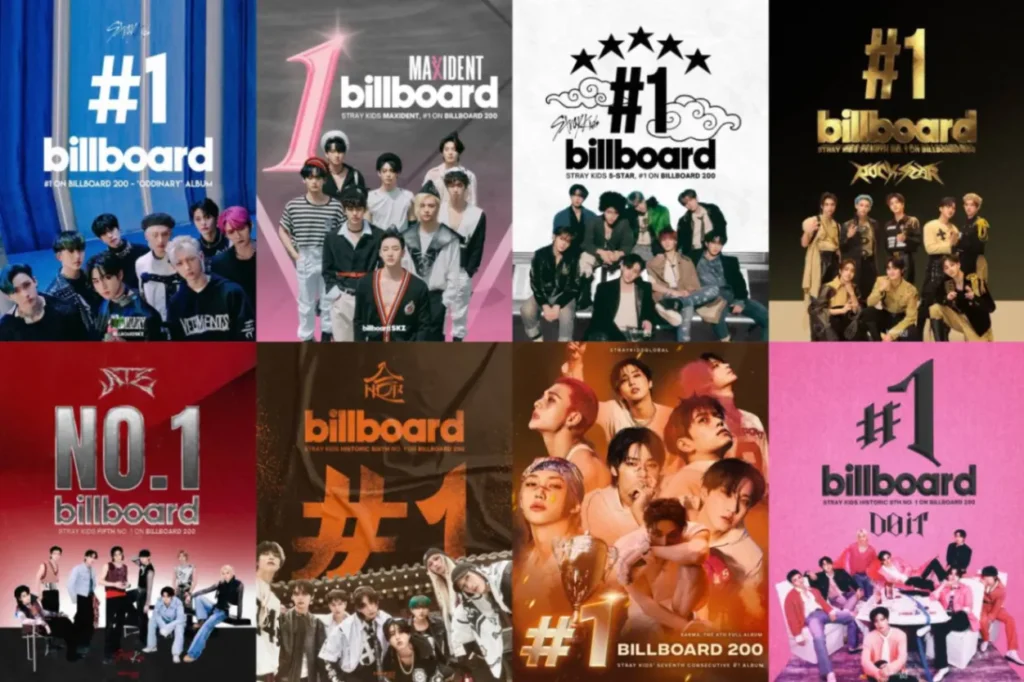 Stray Kids Billboard 200 number one achievements showcasing eight consecutive chart-topping albums from ODDINARY to DO IT with official certification graphics